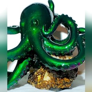 Handmade ceramic Octopus Sculpture on quarts rock w gold veins 8inchT 11inw